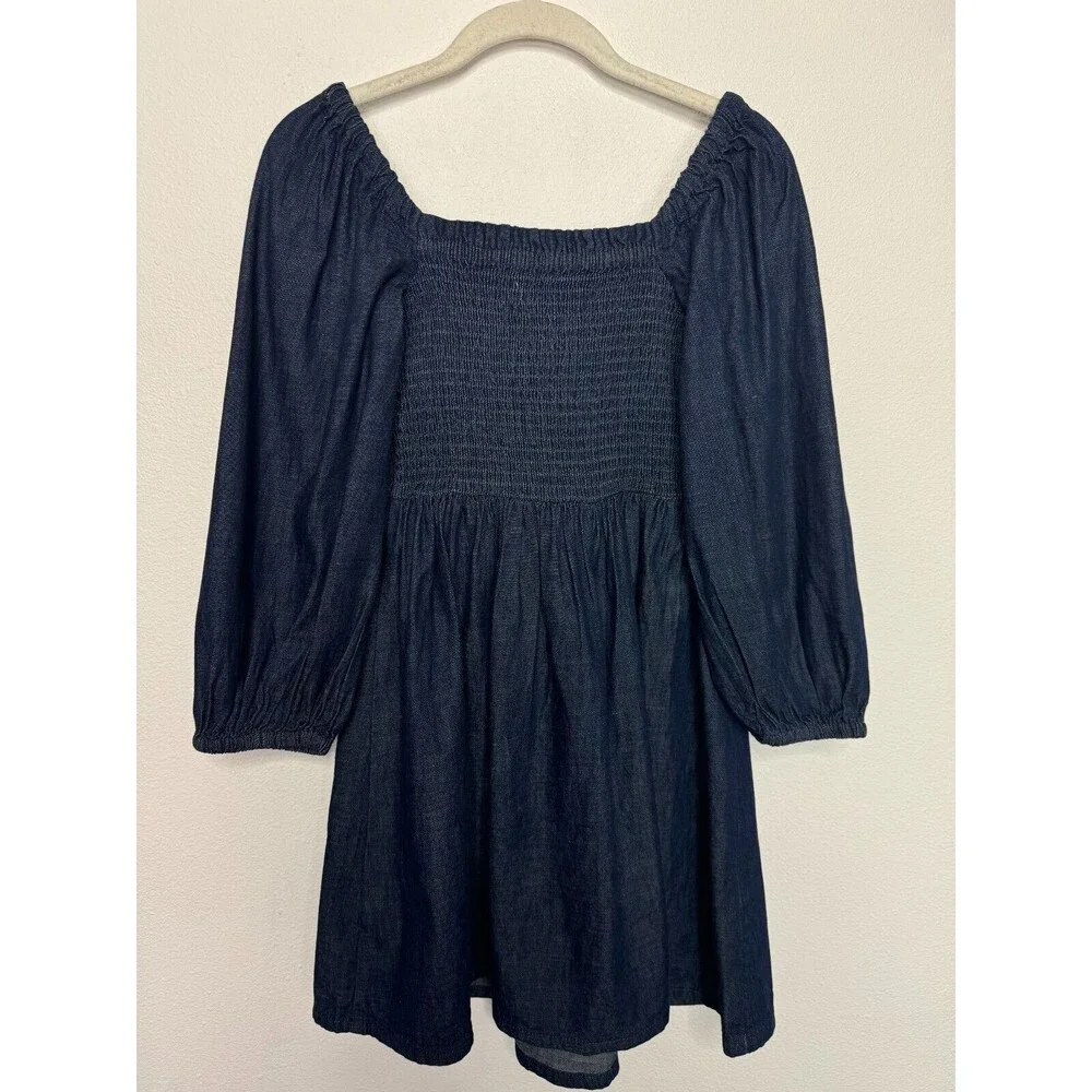 J. Crew XXS Smocked Puff Sleeve Mini Dress In Chambray Blue 100% Cotton NWT